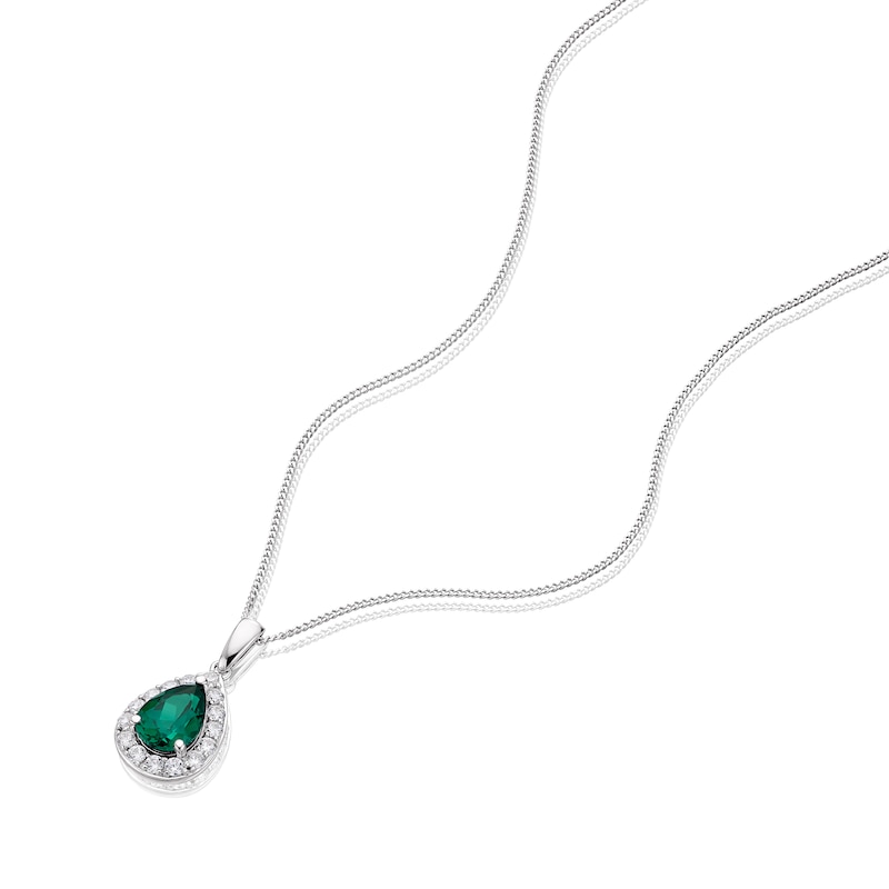 9ct White Gold Created Emerald & CZ Cluster Pear Pendant