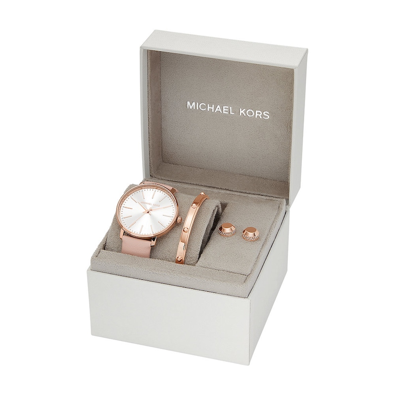 Michael Kors Pyper Leather Strap Watch, Rose Gold-Tone Bracelet & Earring Giftset