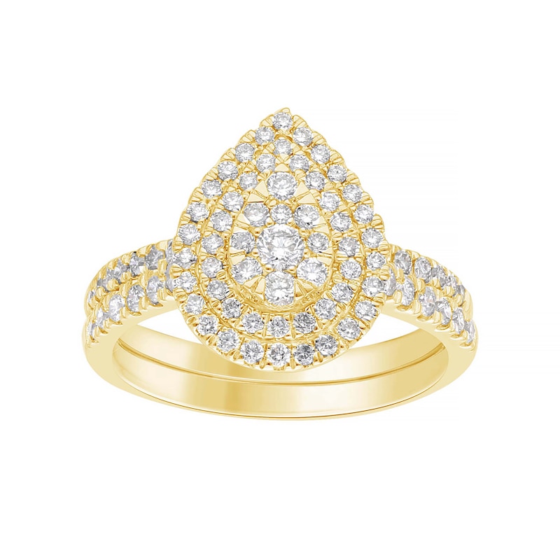 18ct Yellow Gold 0.75ct Diamond Pear Shaped Halo Bridal Set