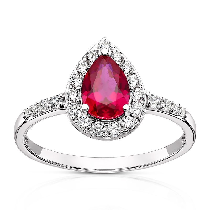 9ct White Gold Created Ruby & CZ Pear Shaped Ring