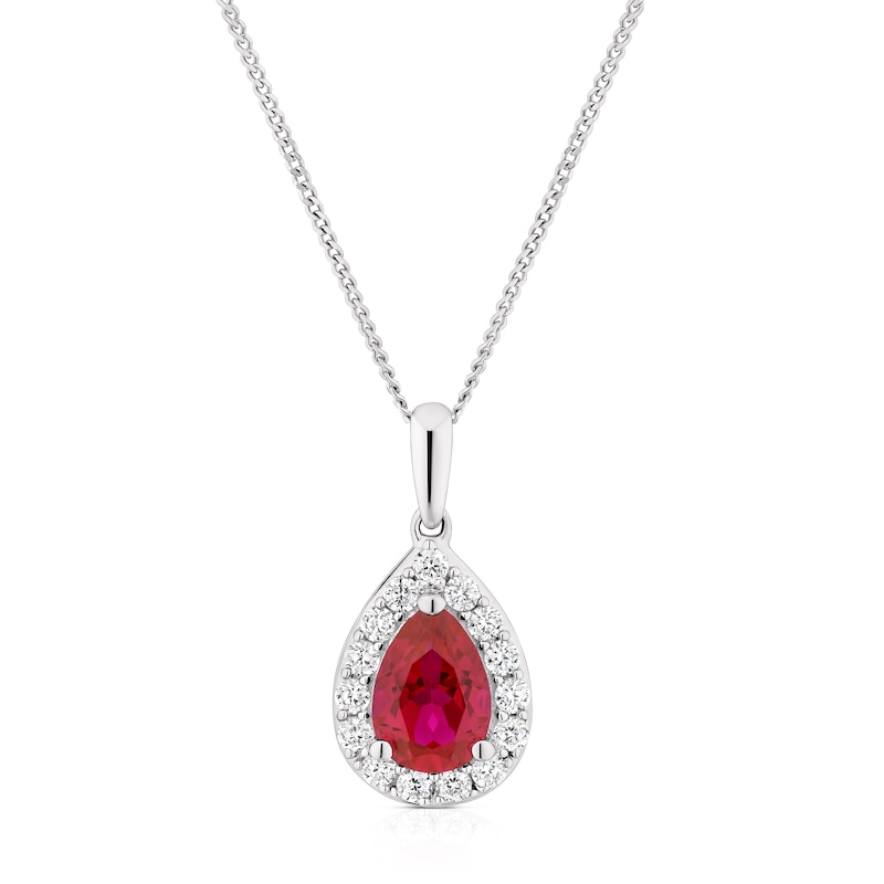 9ct White Gold 18 Inch Created Ruby & CZ Pear Shaped Pendant