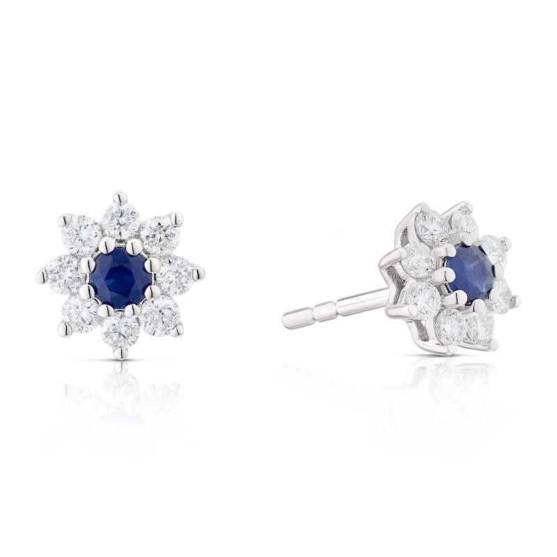 9ct White Gold Blue Sapphire & 0.33ct Diamond Flower Earrings