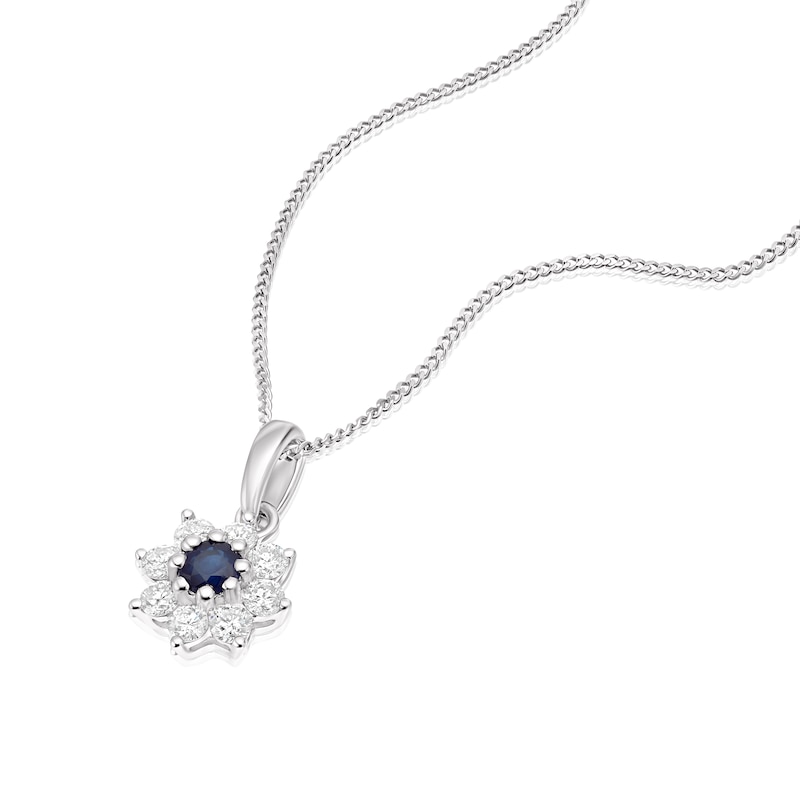 9ct White Gold Blue Sapphire & 0.25ct Diamond Flower Pendant