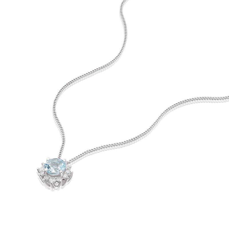 9ct White Gold Aquamarine & 0.10ct Diamond Flower Pendant