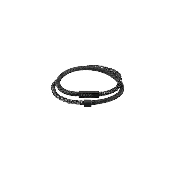 BOSS Blended Men's IP & Black Leather Bracelet