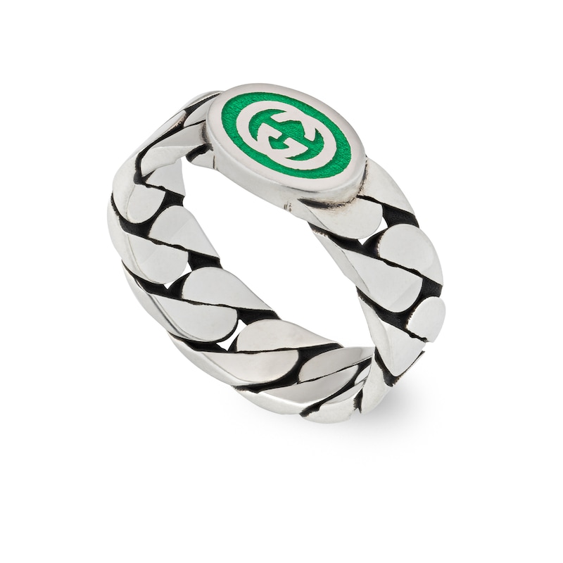 Gucci Interlocking Sterling Silver & Green Enamel Ring Sizes Q