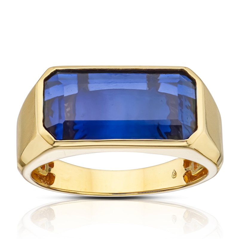 9ct Yellow Gold Men's Created Sapphire Oblong Signet Ring | Ernest Jones