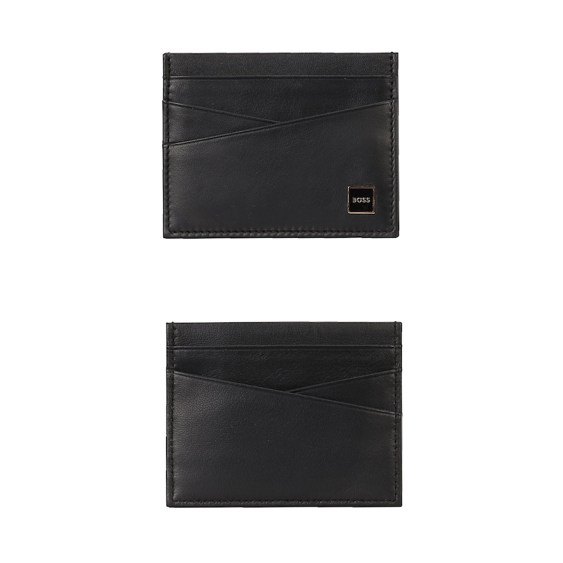 BOSS Men's Black Leather Gold-Tone Frame Logo Card Holder