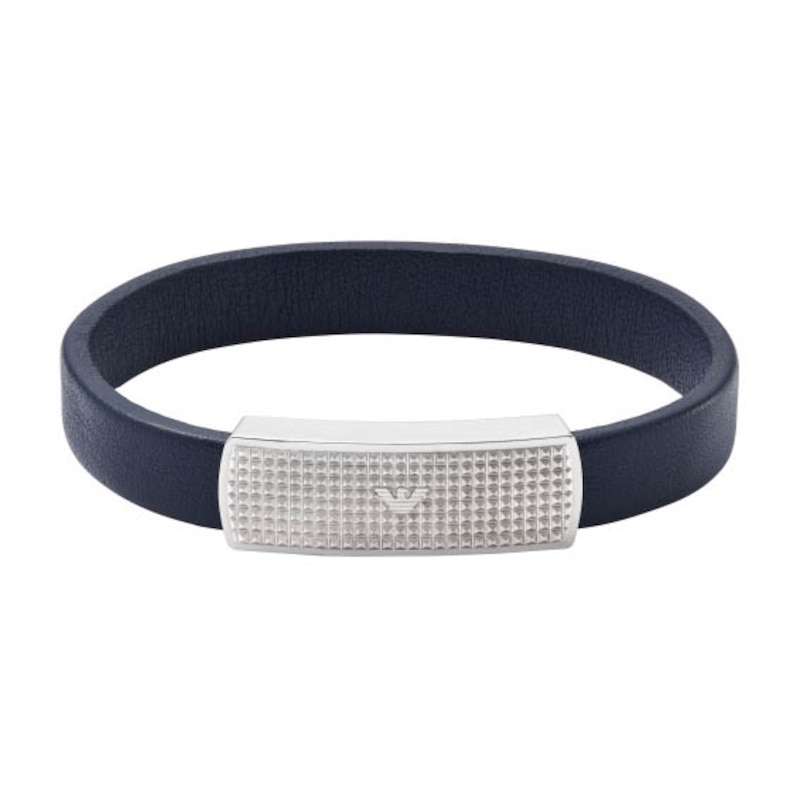 Emporio Armani Men's Blue Leather & Stainless Steel 7 Inch Logo Bracelet