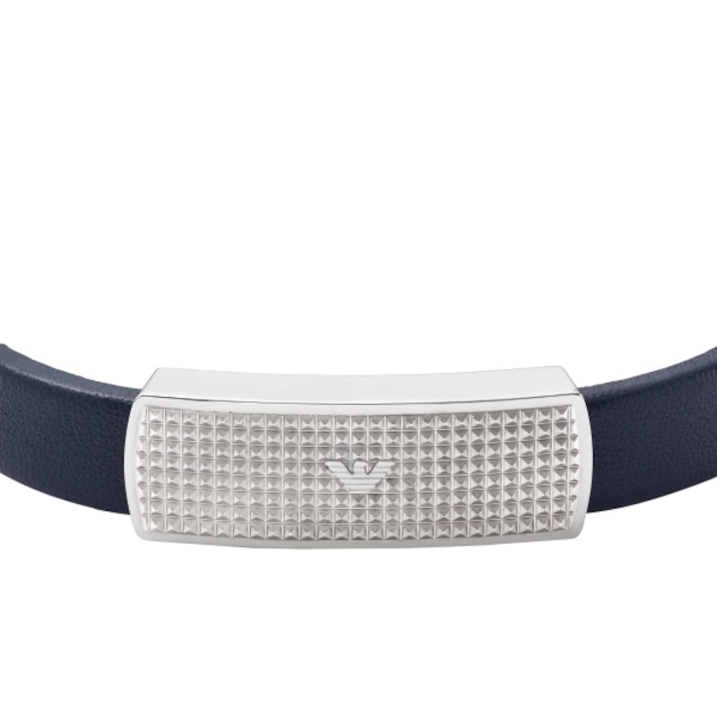 Emporio Armani Men's Blue Leather & Stainless Steel 7 Inch Logo Bracelet