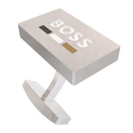BOSS Men's Silver Tone Enamel Engraved Logo Rectangular Cufflinks