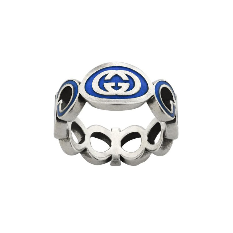 Main Image 5 of Gucci Interlocking Sterling Silver Green Enamel Unisex Ring (Sizes S-T)