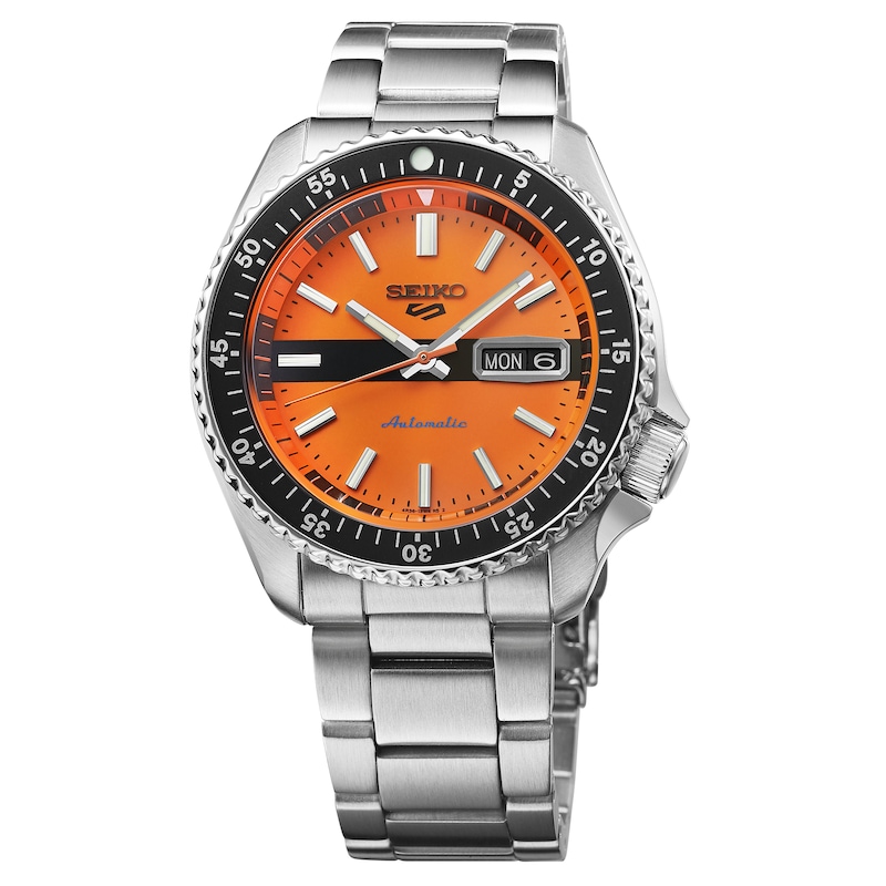 Seiko 5 Sports Orange Dial & Stainless Steel Bracelet Watch | Ernest Jones