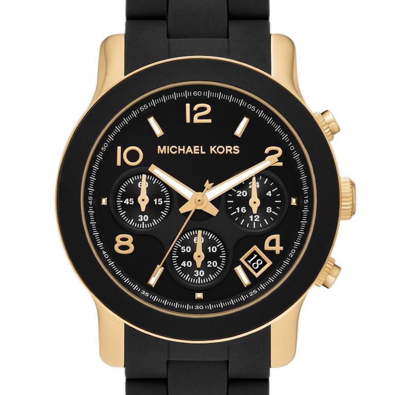 Michael Kors Runway Ladies' Gold-Tone Case & Black Rubber Strap Watch ...