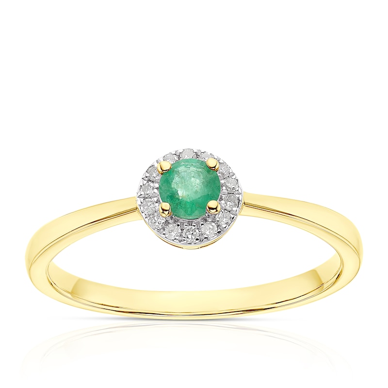 9ct Yellow Gold Emerald 0.04ct Diamond Halo Ring | Ernest Jones