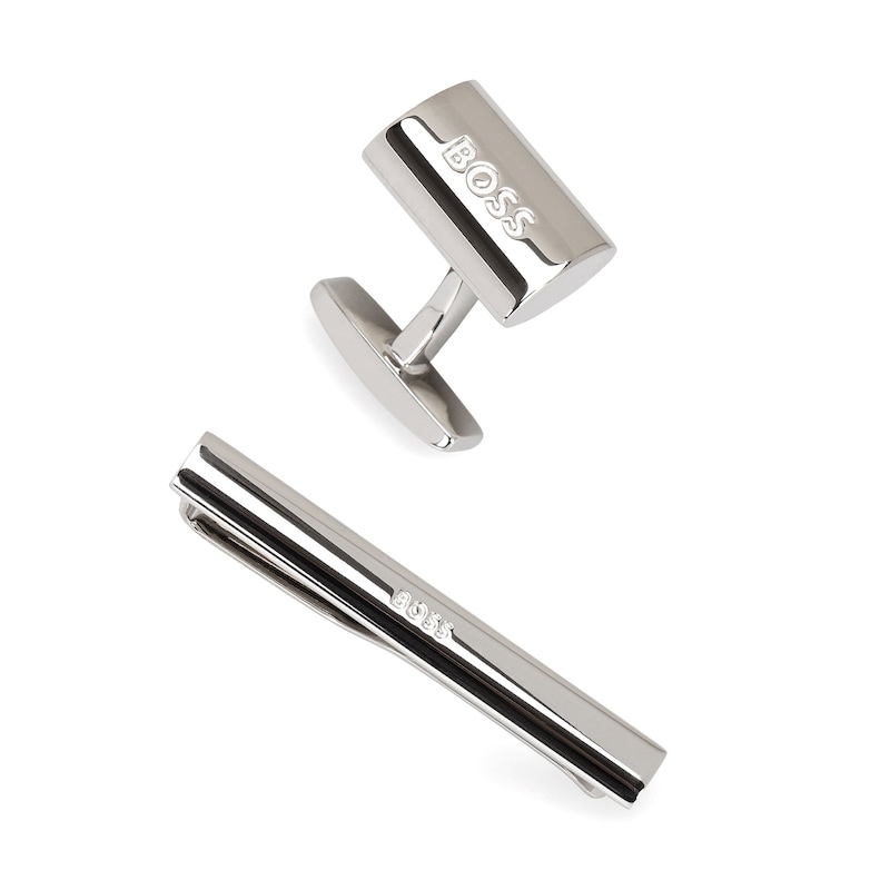 Main Image 1 of BOSS B-Logo Silver Tone Brass Cufflinks & Tie Clip Set