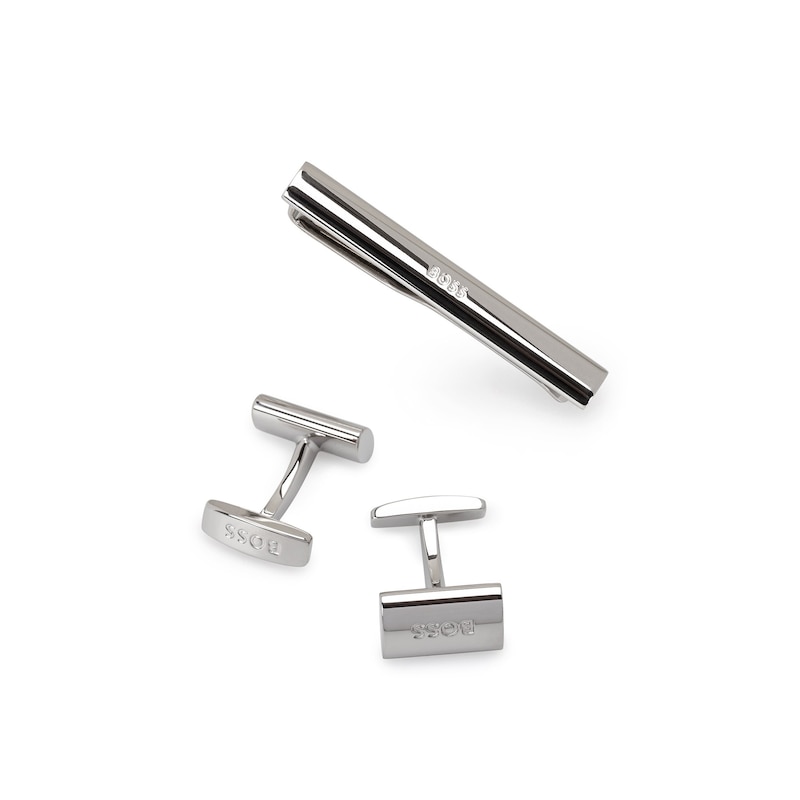 Main Image 2 of BOSS B-Logo Silver Tone Brass Cufflinks & Tie Clip Set