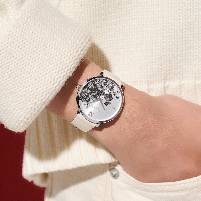 Olivia Burton Signature Florals Ultra Slim Ladies' Silver Dial & Leather Watch