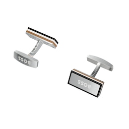 BOSS Men's Brown Logo Plaque Rectangle Silver Tone Cufflinks