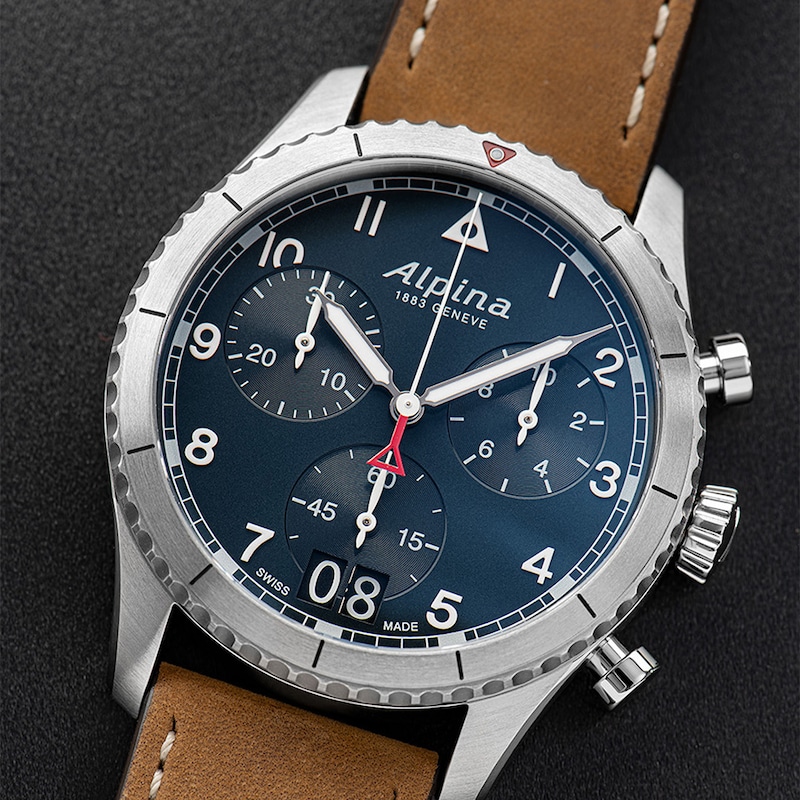 Main Image 4 of Alpina Startimer Men's Blue Dial & Brown Leather Strap Watch