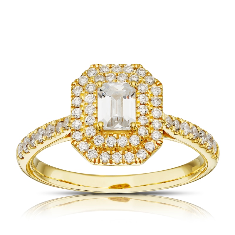 Origin 18ct Yellow Gold 0.75ct Total Diamond Emerald Cut Halo Ring