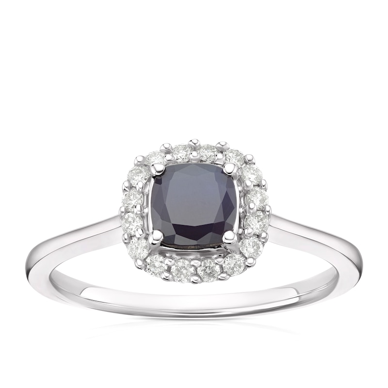 9ct White Gold Sapphire & 0.15ct Diamond Cushion Halo Ring