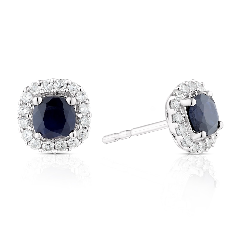 Main Image 1 of 9ct White Gold Sapphire & 0.20ct Diamond Cushion Halo Stud Earrings