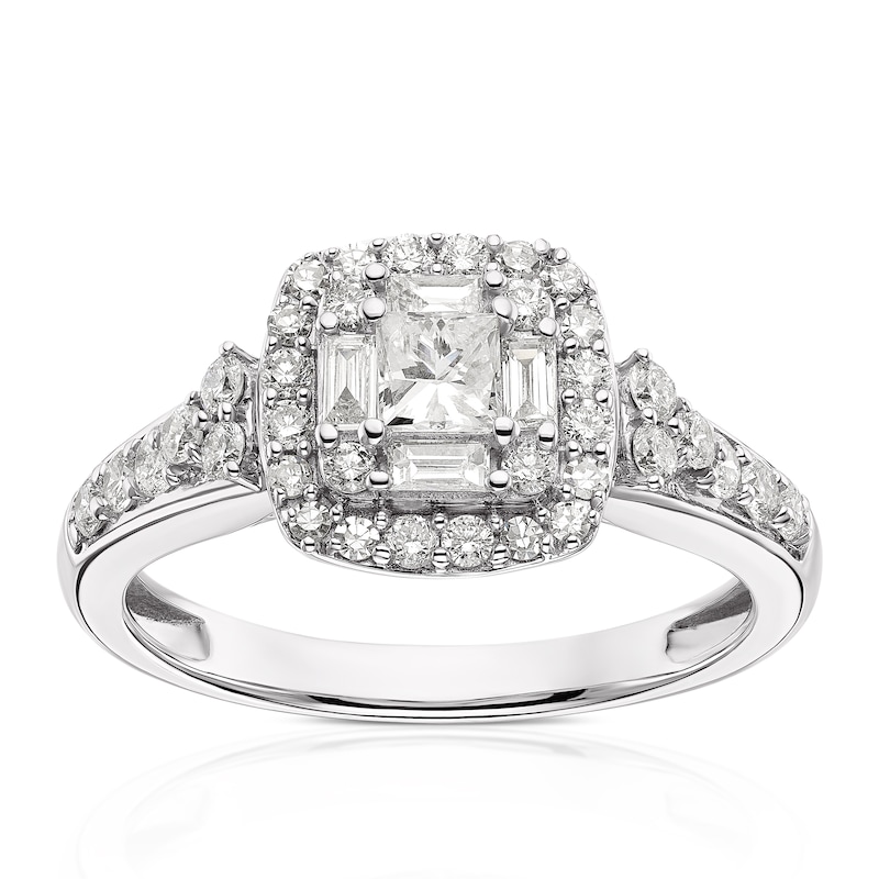 14ct White Gold 0.75ct Diamond Princess & Emerald Cut Cluster Ring