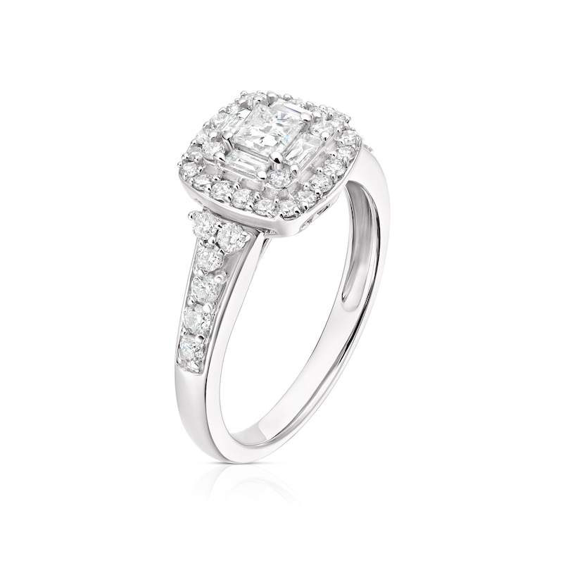 14ct White Gold 0.75ct Diamond Princess & Emerald Cut Cluster Ring