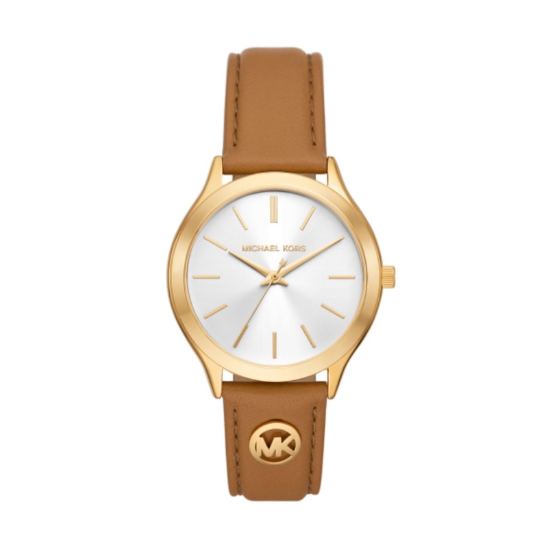 Michael Kors Slim Runway Gold-Tone & Brown Leather Strap Watch