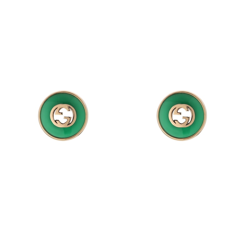 Main Image 1 of Gucci Interlocking 18ct Rose Gold Green Agate Round Stud Earrings