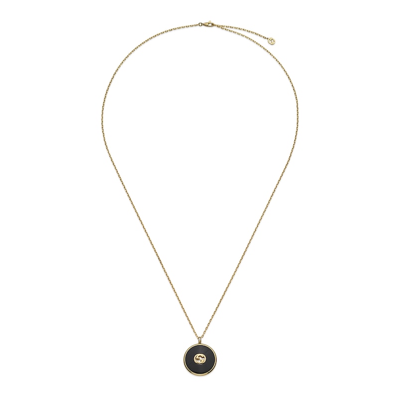 Gucci Interlocking 18ct Yellow Gold Diamond & Onyx Round Pendant