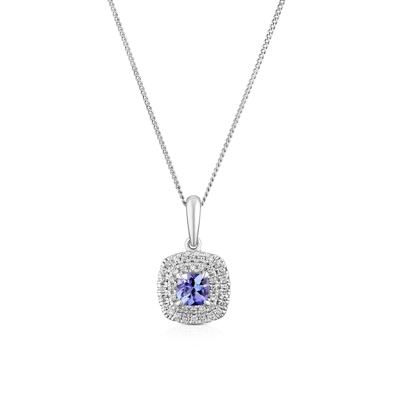 Main Image 1 of 9ct White Gold 0.12ct Diamond & Tanzanite Double Halo Pendant