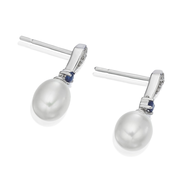 Main Image 2 of 9ct White Gold Diamond Created Sapphire & Cultured Freshwater Pearl Drop Earrings