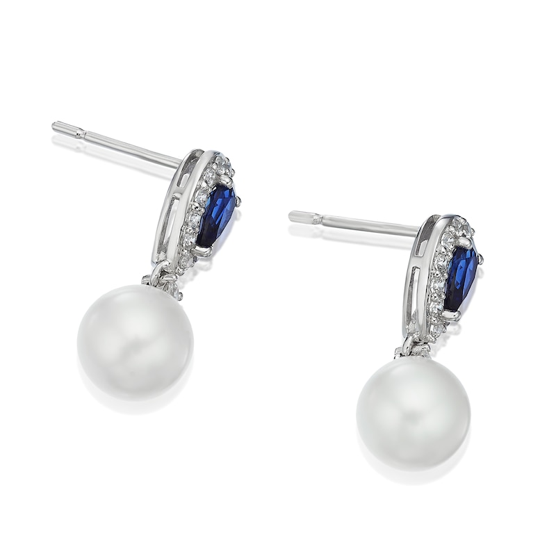 Main Image 2 of 9ct White Gold Cultured Freshwater Pearl, Created Sapphire & CZ Drop Earrings