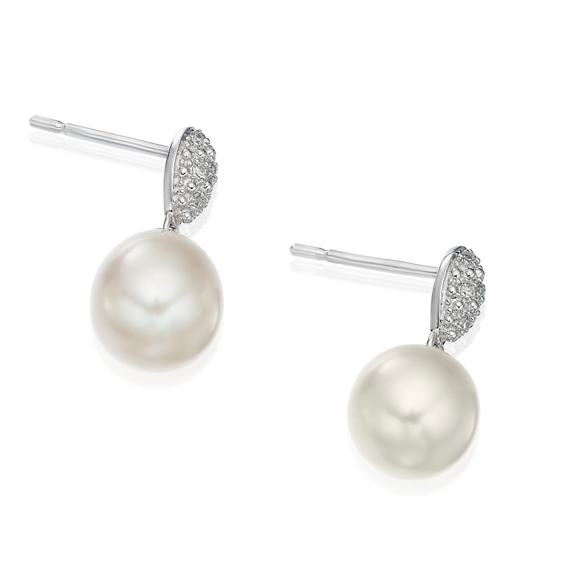 Main Image 2 of 9ct White Gold Cultured Freshwater Pearl & Diamond Drop Earrings