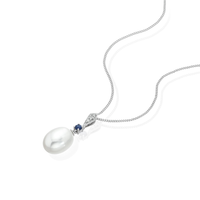 Main Image 2 of 9ct White Gold 16+2&quot; Diamond Created Sapphire & Cultured Freshwater Pearl Pendant