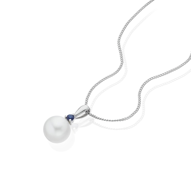 Main Image 2 of 9ct White Gold 16+2&quot; Created Sapphire & Cultured Freshwater Pearl Pendant