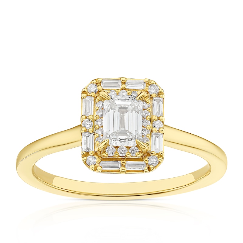 Main Image 1 of 18ct Yellow Gold 0.50ct Diamond Emerald Shaped Double Halo Ring