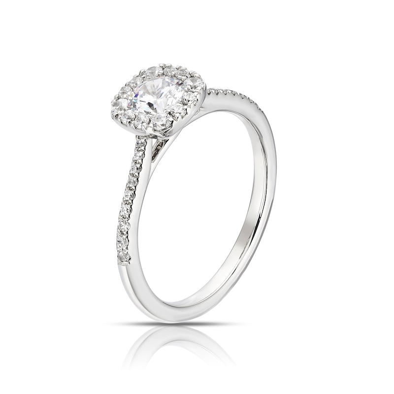 Main Image 2 of The Diamond Story Platinum 0.75ct Diamond Cushion Shaped Halo Ring