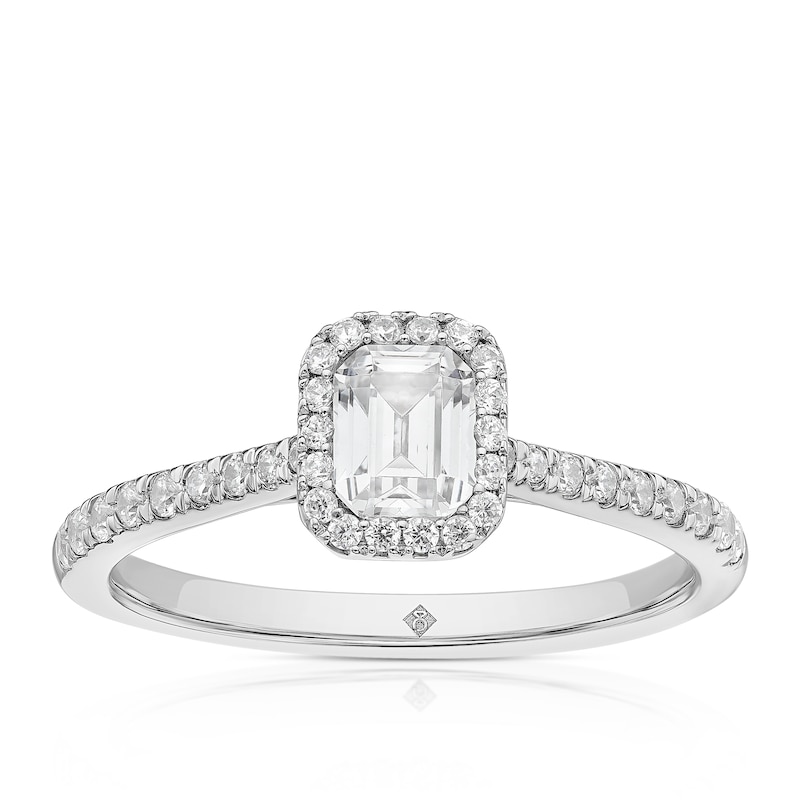 Main Image 1 of The Diamond Story Platinum 0.75ct Diamond Emerald Shaped Halo Ring