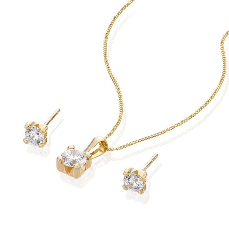 Main Image 2 of 9ct Yellow Gold Cubic Zirconia Stud Earrings & Pendant Necklace Jewellery Set