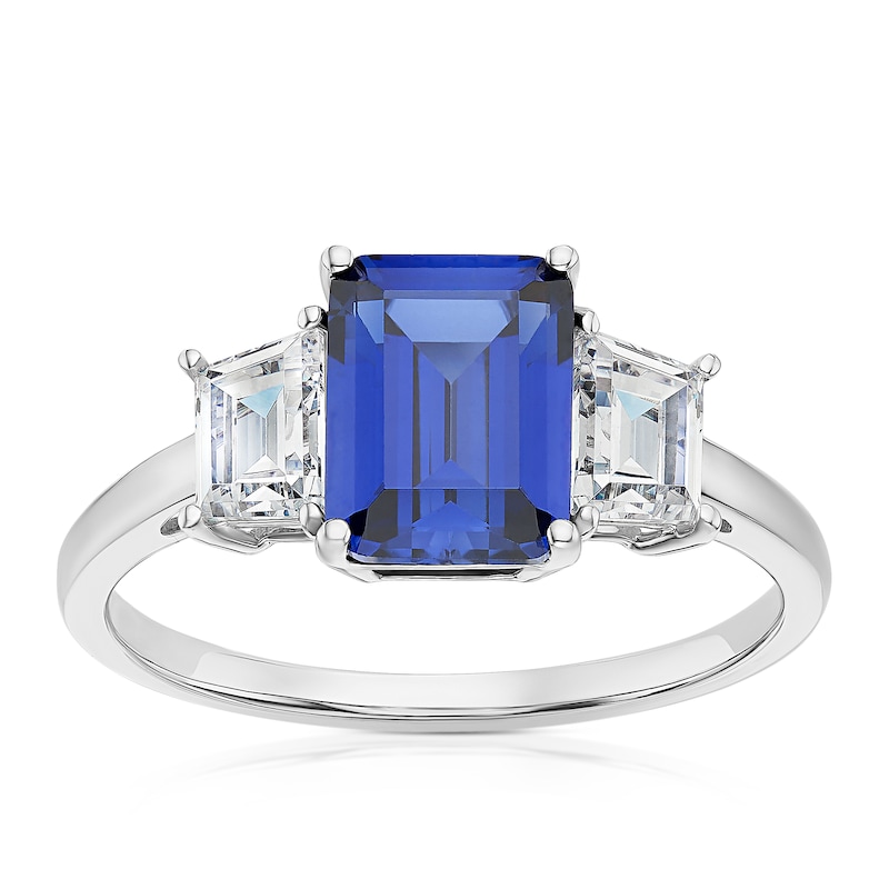 Main Image 1 of 9ct White Gold Created Sapphire & Cubic Zirconia Trilogy Ring