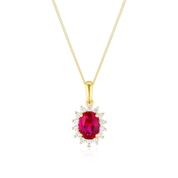 9ct Yellow Gold 16+2&quot; Created Ruby & Cubic Zirconia Halo Pendant