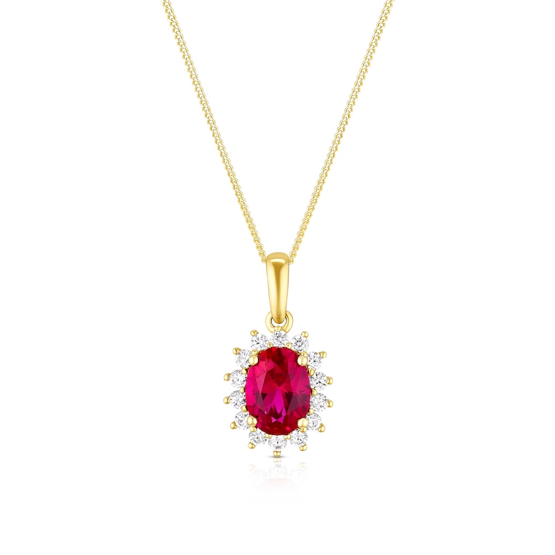 Main Image 1 of 9ct Yellow Gold 16+2&quot; Created Ruby & Cubic Zirconia Halo Pendant