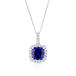 9ct White Gold  16+2&quot; Created Sapphire & Cubic Zirconia Halo Pendant