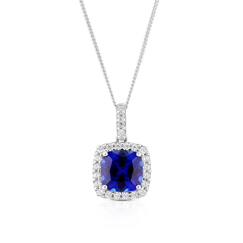 Main Image 1 of 9ct White Gold  16+2&quot; Created Sapphire & Cubic Zirconia Halo Pendant