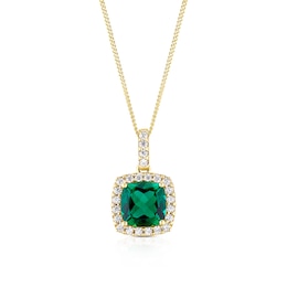 9ct Yellow Gold 16+2&quot; Created Emerald & Cubic Zirconia Halo Pendant