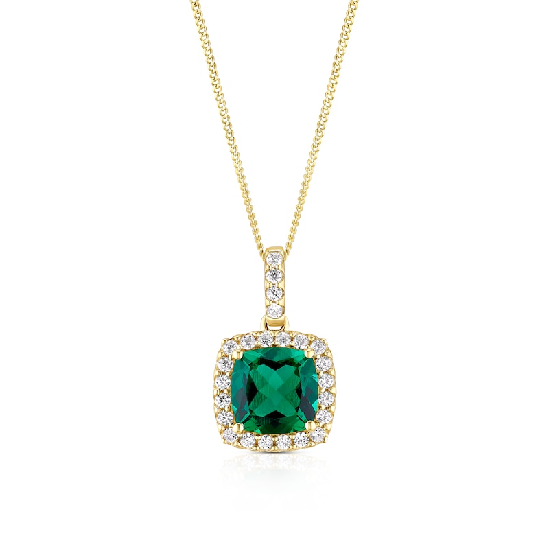 Main Image 1 of 9ct Yellow Gold 16+2&quot; Created Emerald & Cubic Zirconia Halo Pendant