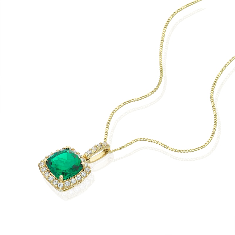 Main Image 2 of 9ct Yellow Gold 16+2&quot; Created Emerald & Cubic Zirconia Halo Pendant